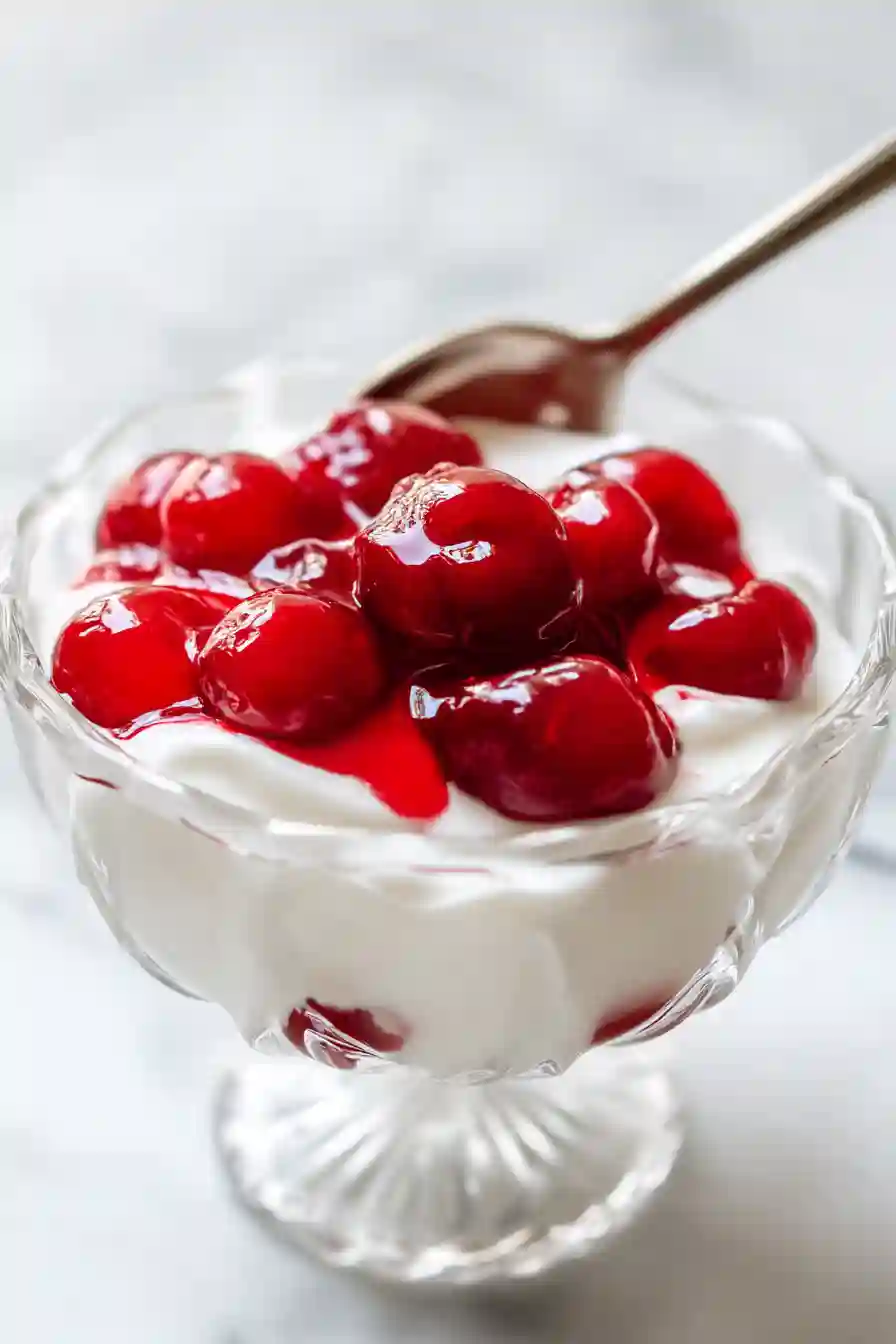 Greek Yogurt with Cherry Spoon Sweets 8 Thick Greek yogurt topped with glossy cherry spoon sweets and cherry syrup in a decorative glass dessert bowl.