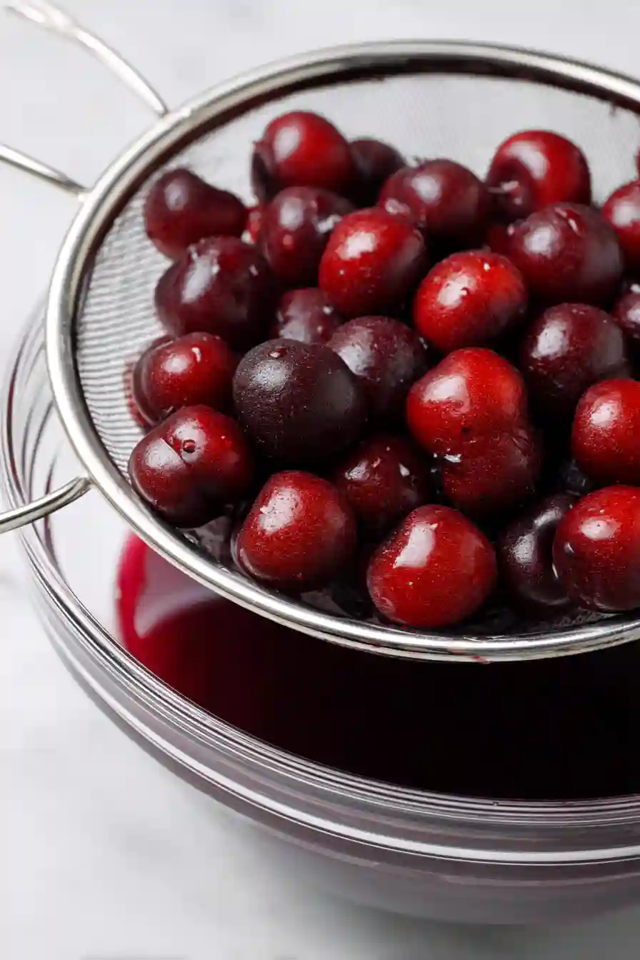 Greek Yogurt with Cherry Spoon Sweets 3 Frozen dark cherries thawing in a fine-mesh strainer set over a glass bowl to collect their natural juices.