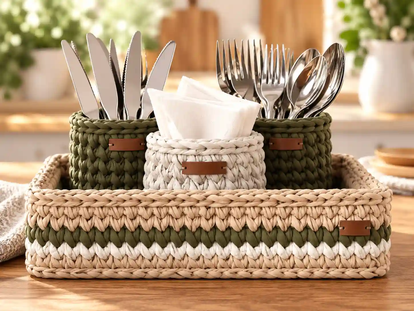 Crochet Cutlery Organizer Set: A Stylish Handmade Kitchen Storage Project 3 crochet cutlery organizer set angle view compressed