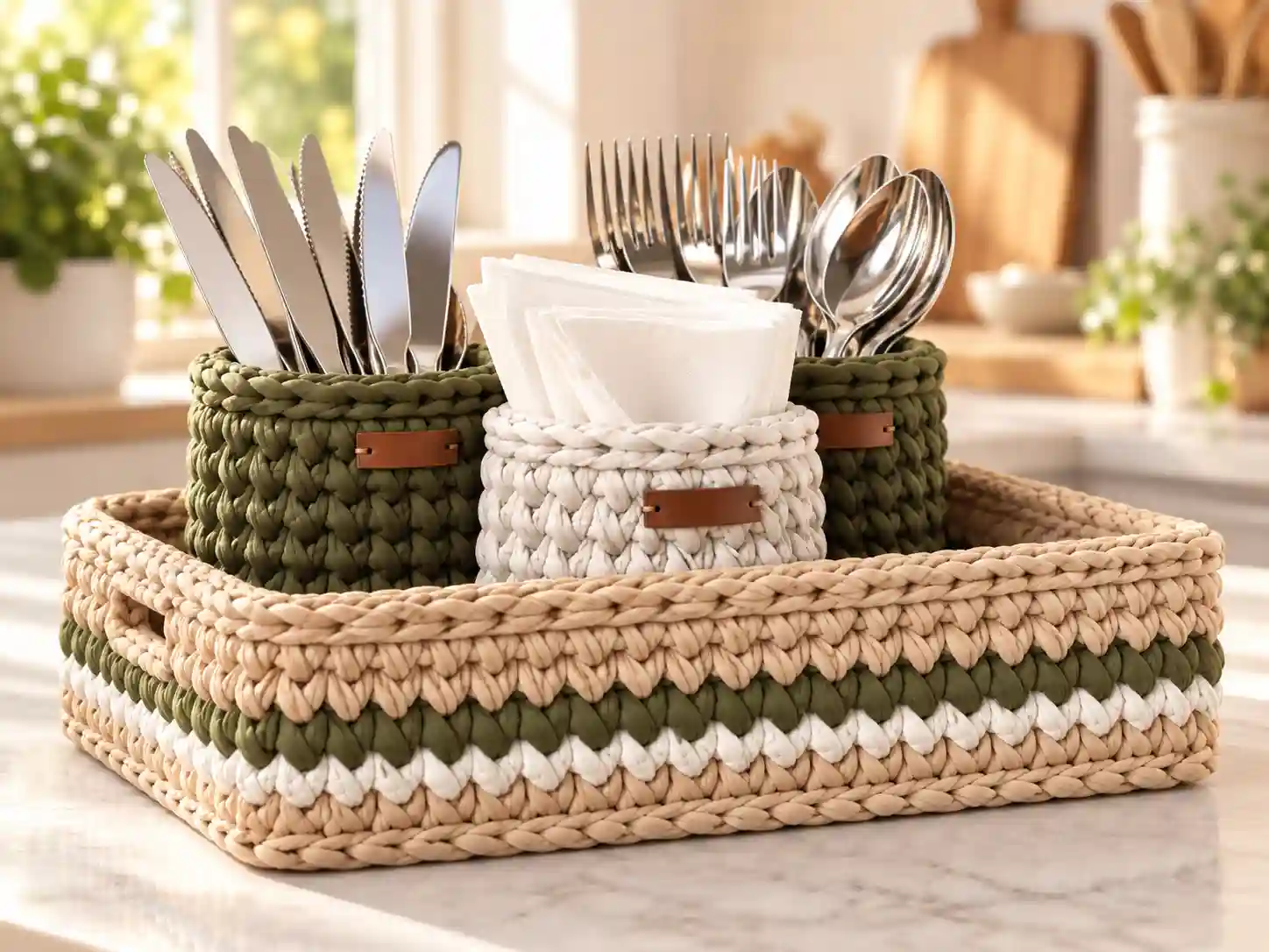 Crochet Cutlery Organizer Set: A Stylish Handmade Kitchen Storage Project 4 crochet cutlery organizer set dining table compressed