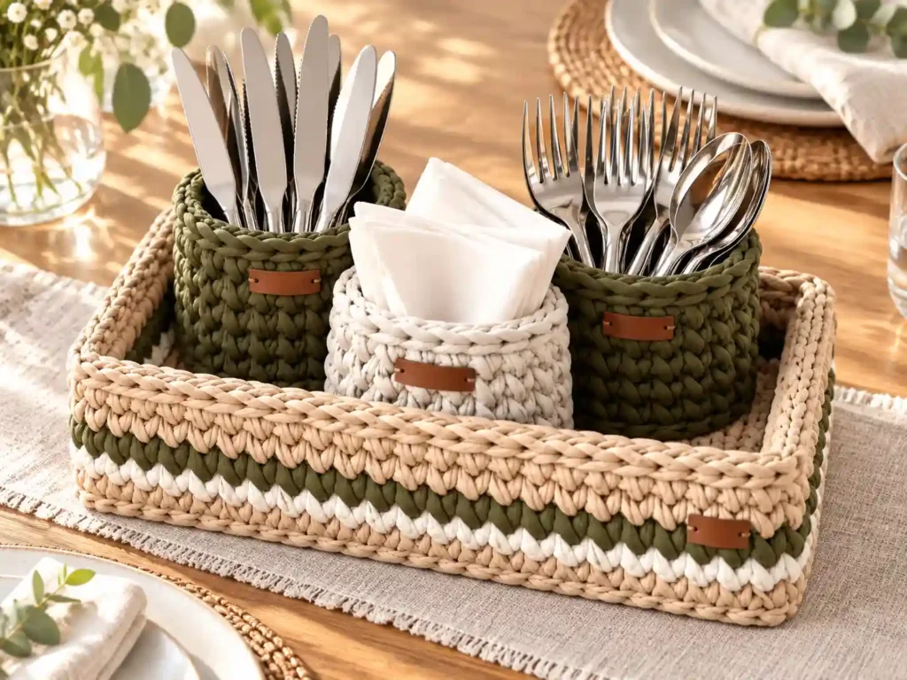 Handmade crochet cutlery organizer set for a cozy kitchen