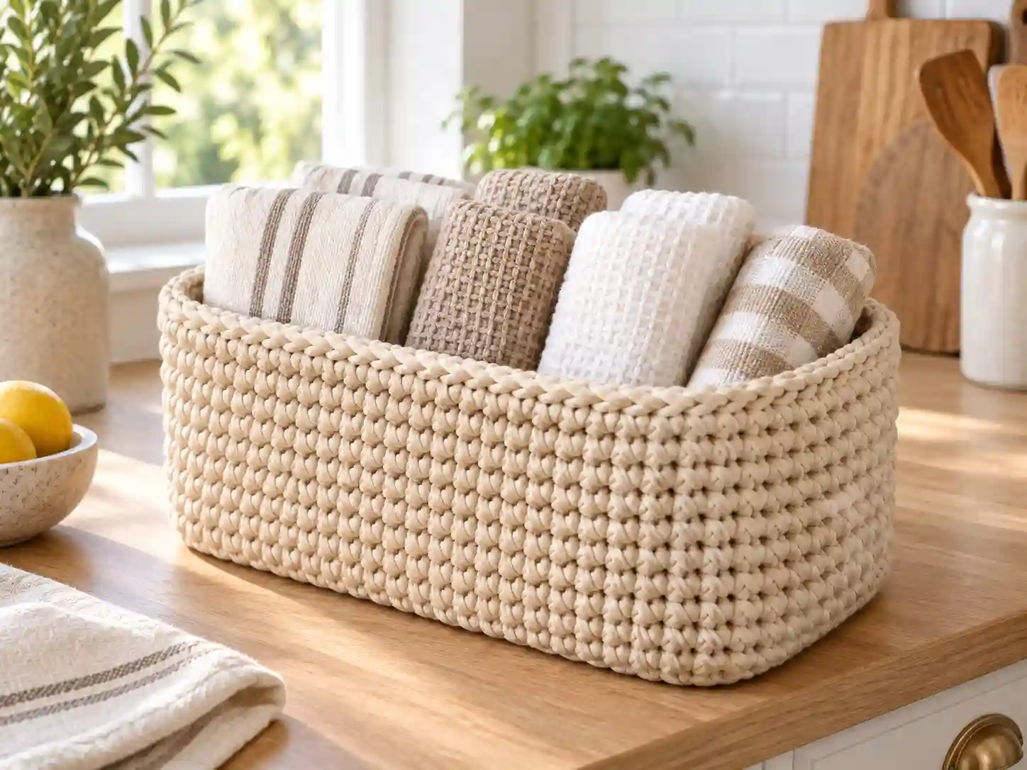 Crochet Pot Lid Organizer Basket: A Practical Handmade Kitchen Storage Project 3 crochet pot lid organizer basket closeup towel styling compressed