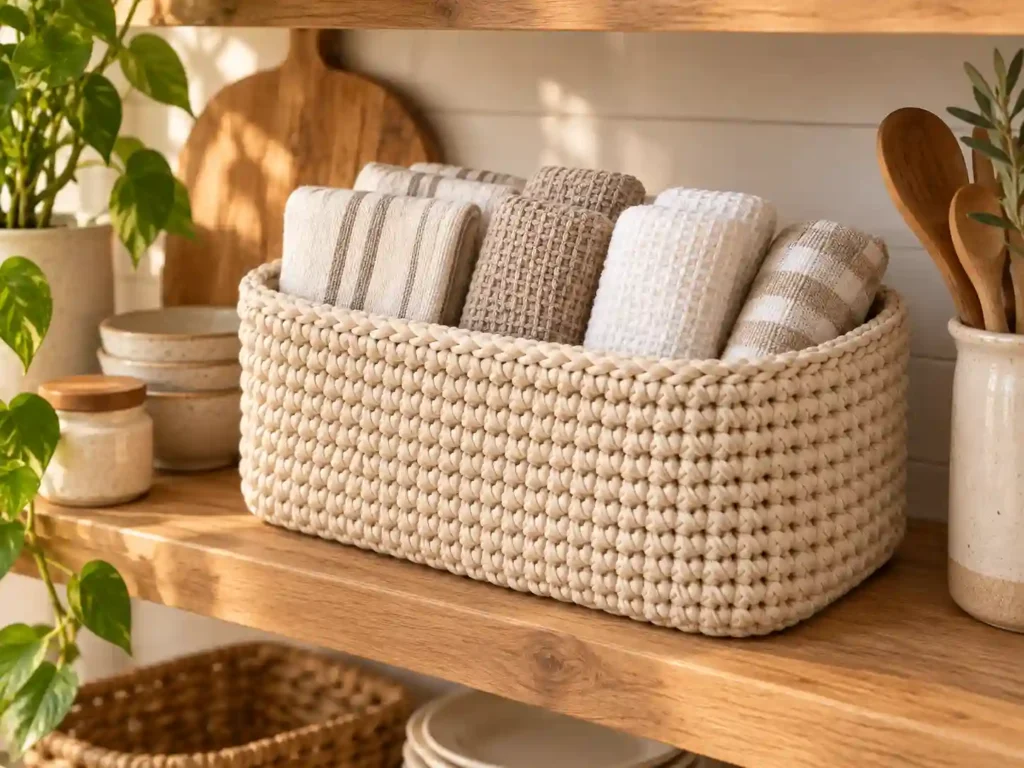 crochet pot lid organizer basket marble counter lifestyle compressed