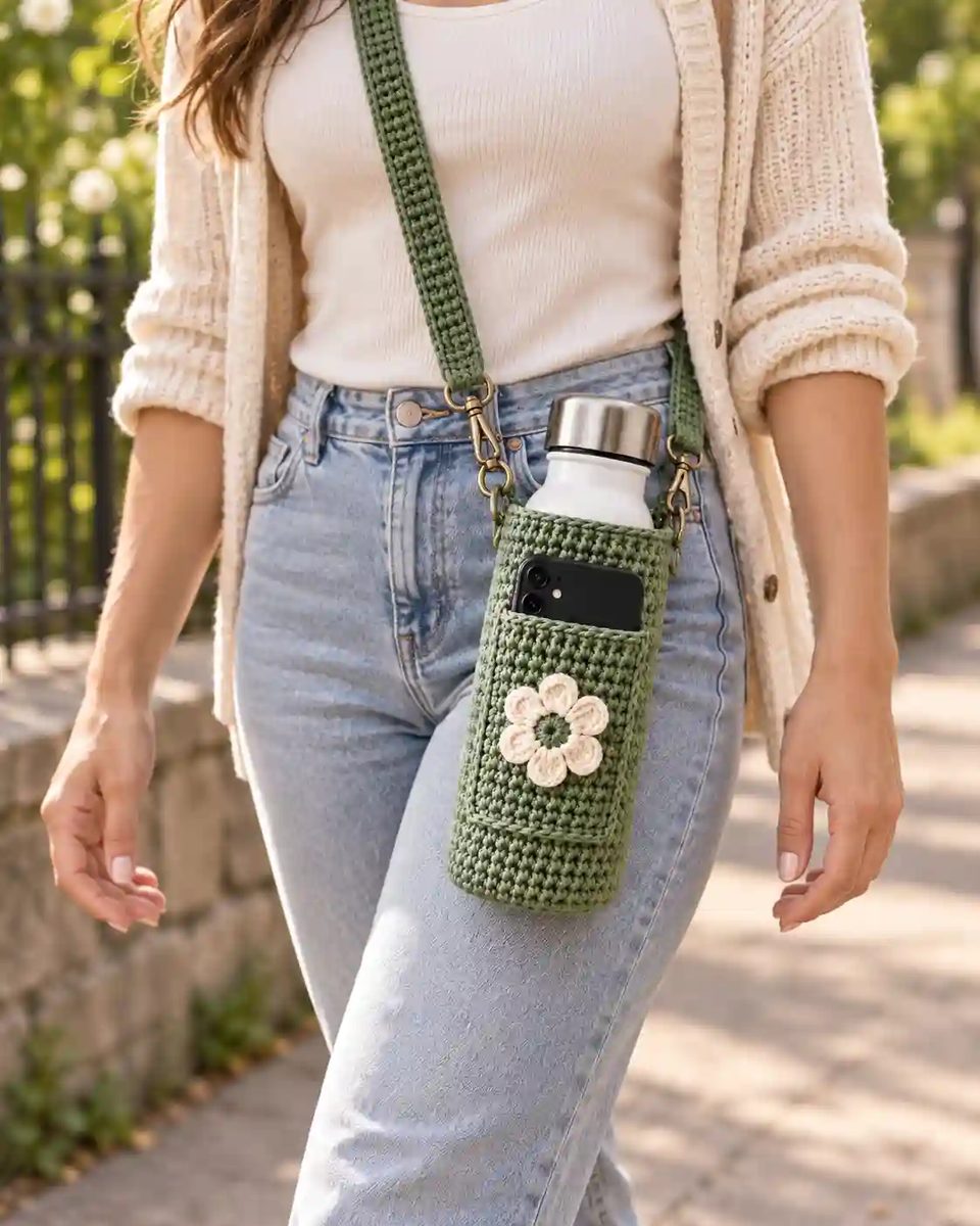 Crochet water bottle carrier with phone pocket in a cafe scene