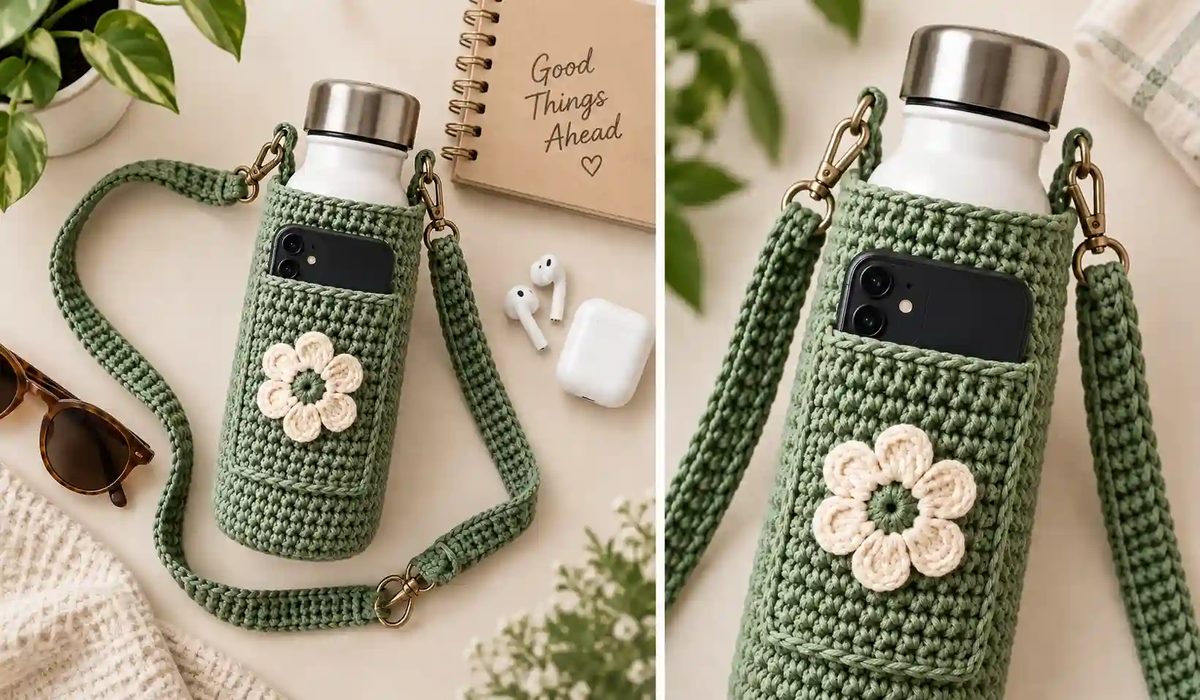 Close-up of the crochet water bottle carrier phone pocket and flower detail