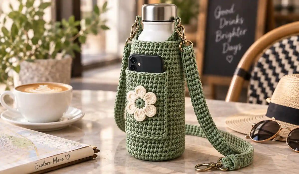 Crochet water bottle carrier displayed with its phone pocket