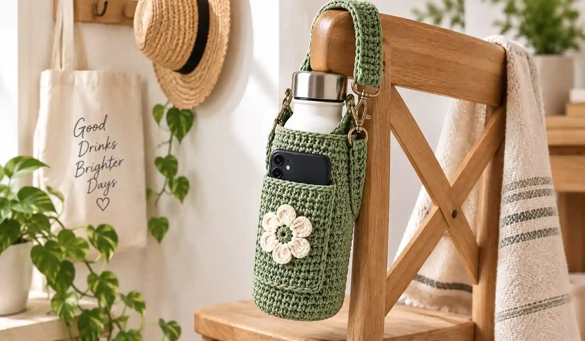 Flat lay showing crochet water bottle carrier and phone pocket details