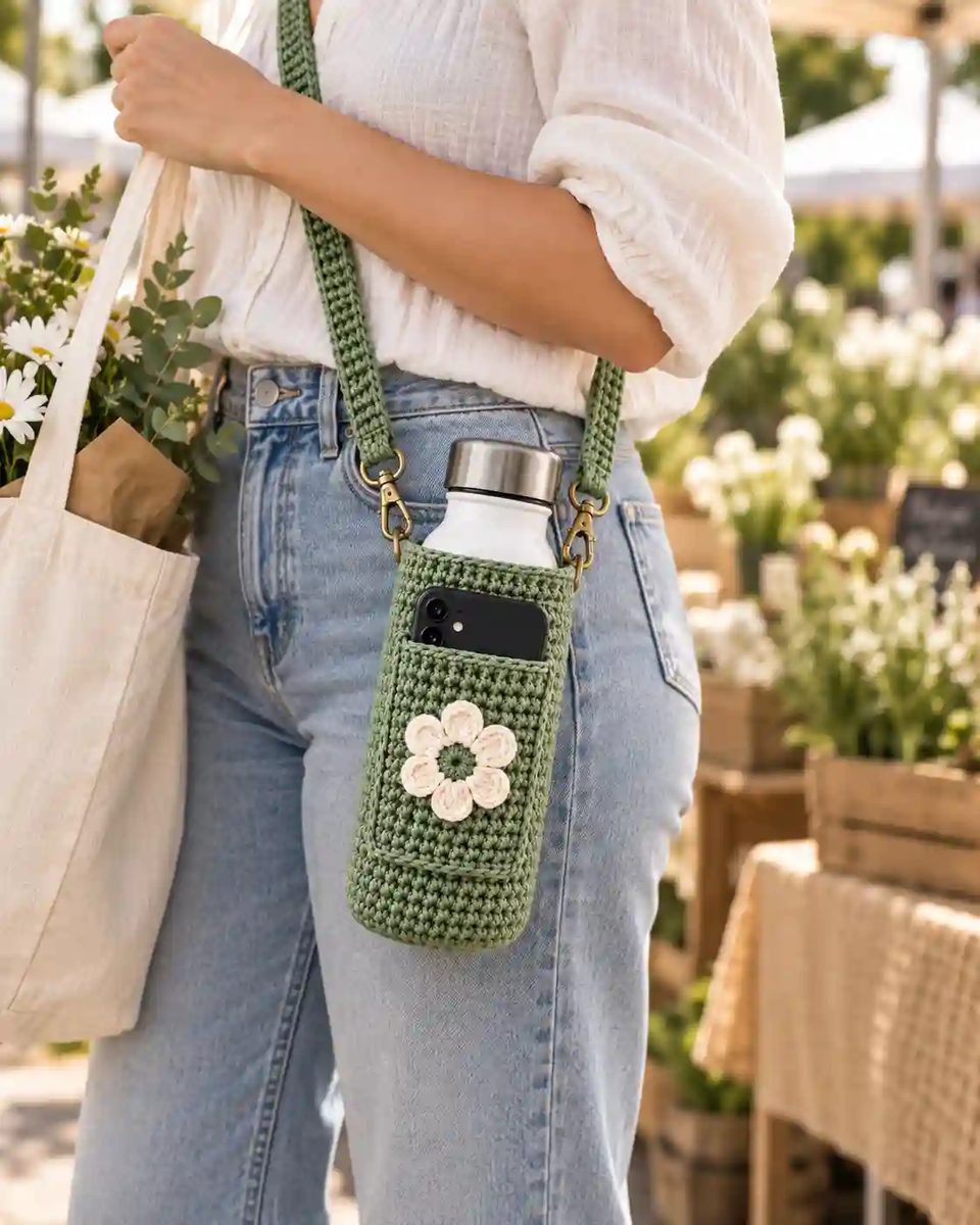 Crochet water bottle carrier with phone pocket on a park bench