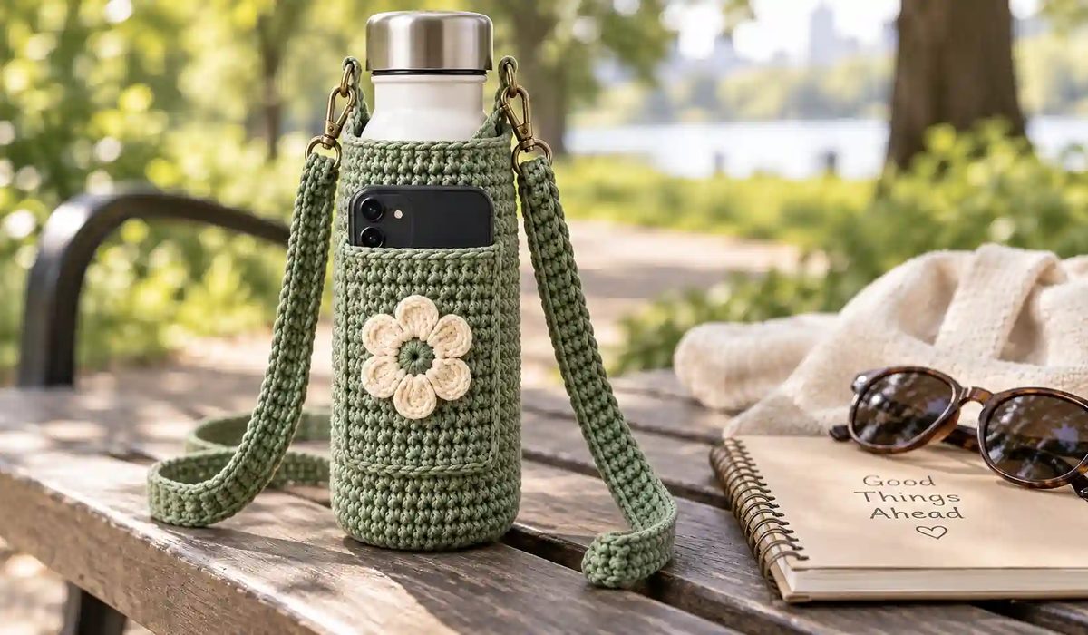 Crochet water bottle carrier with phone pocket at an outdoor cafe
