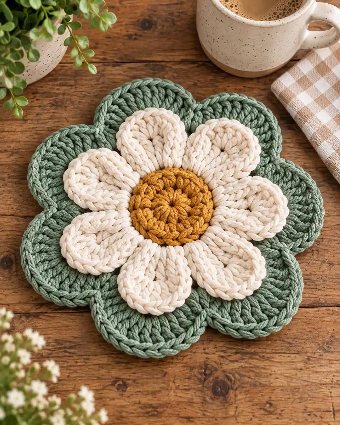 farmhouse flower crochet trivet center stitch closeup compressed