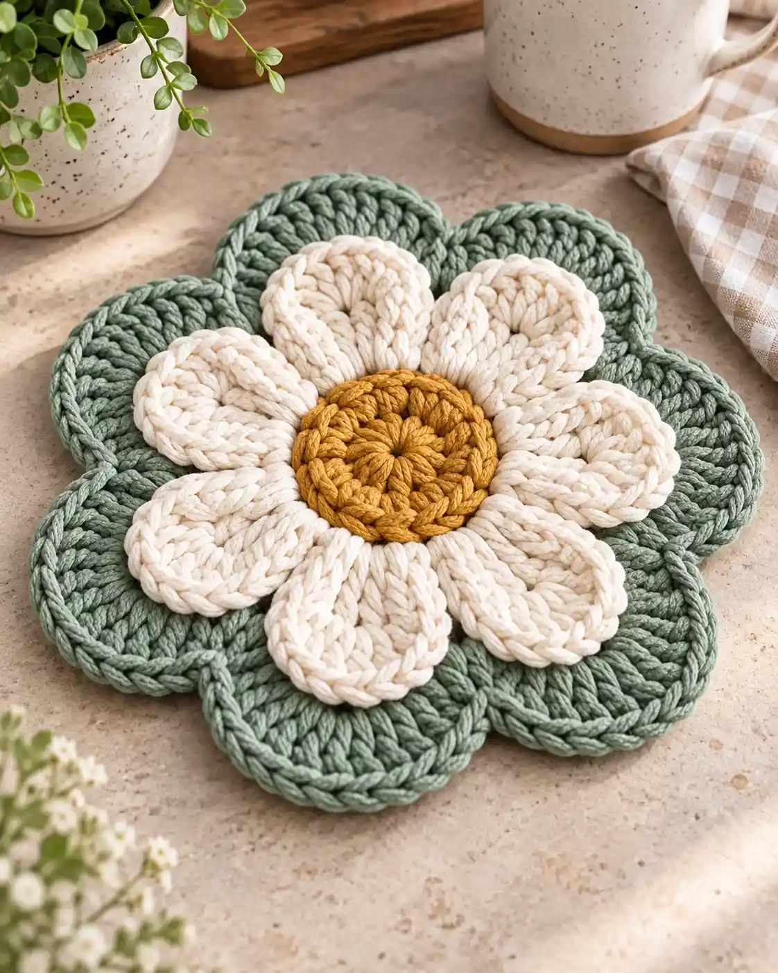 farmhouse flower crochet trivet petal edge closeup compressed