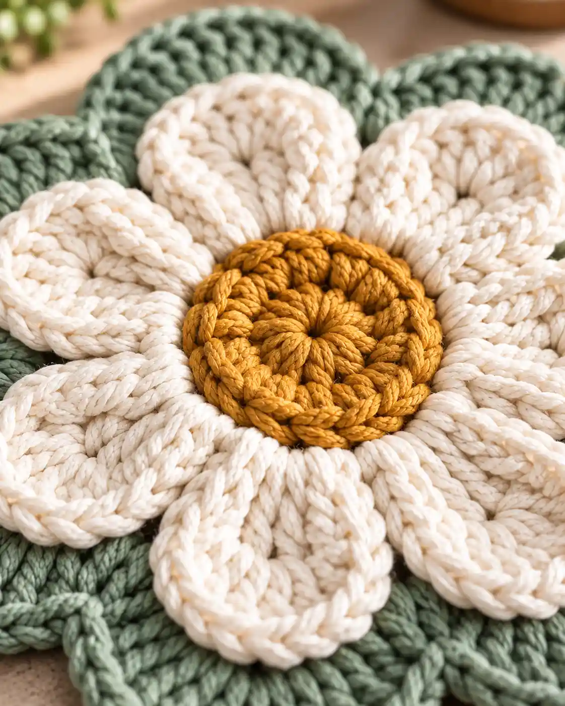farmhouse flower crochet trivet side angle compressed