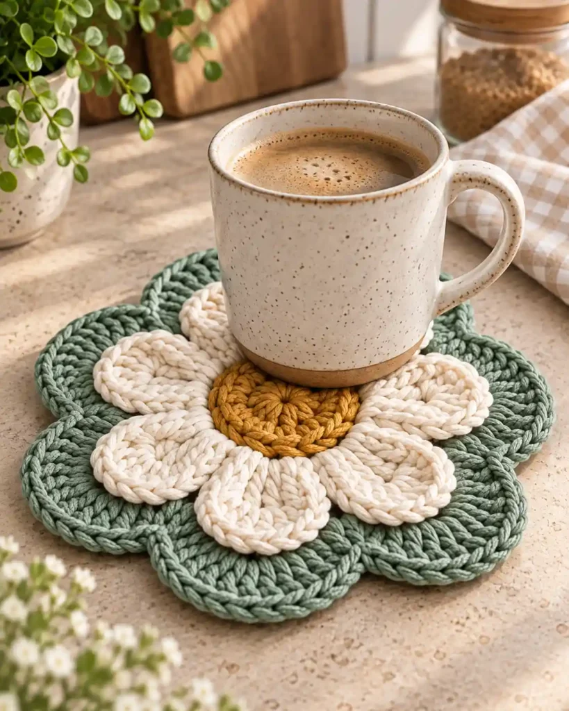 farmhouse flower crochet trivet with coffee mug compressed 1