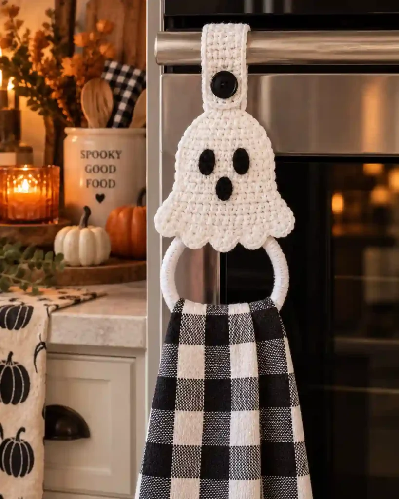 Ghost Kitchen Towel Holder Crochet Pattern: A Cute Halloween Kitchen Project 4 ghost crochet towel holder button detail compressed