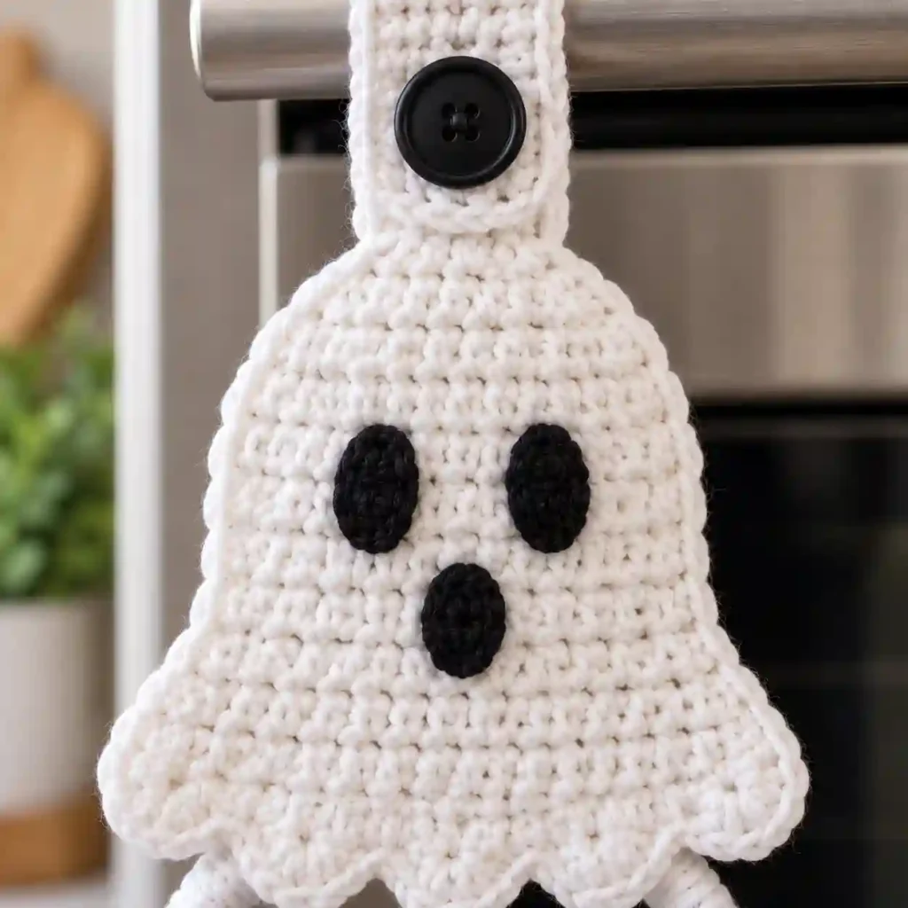 Ghost Kitchen Towel Holder Crochet Pattern: A Cute Halloween Kitchen Project 3 ghost crochet towel holder close up compressed
