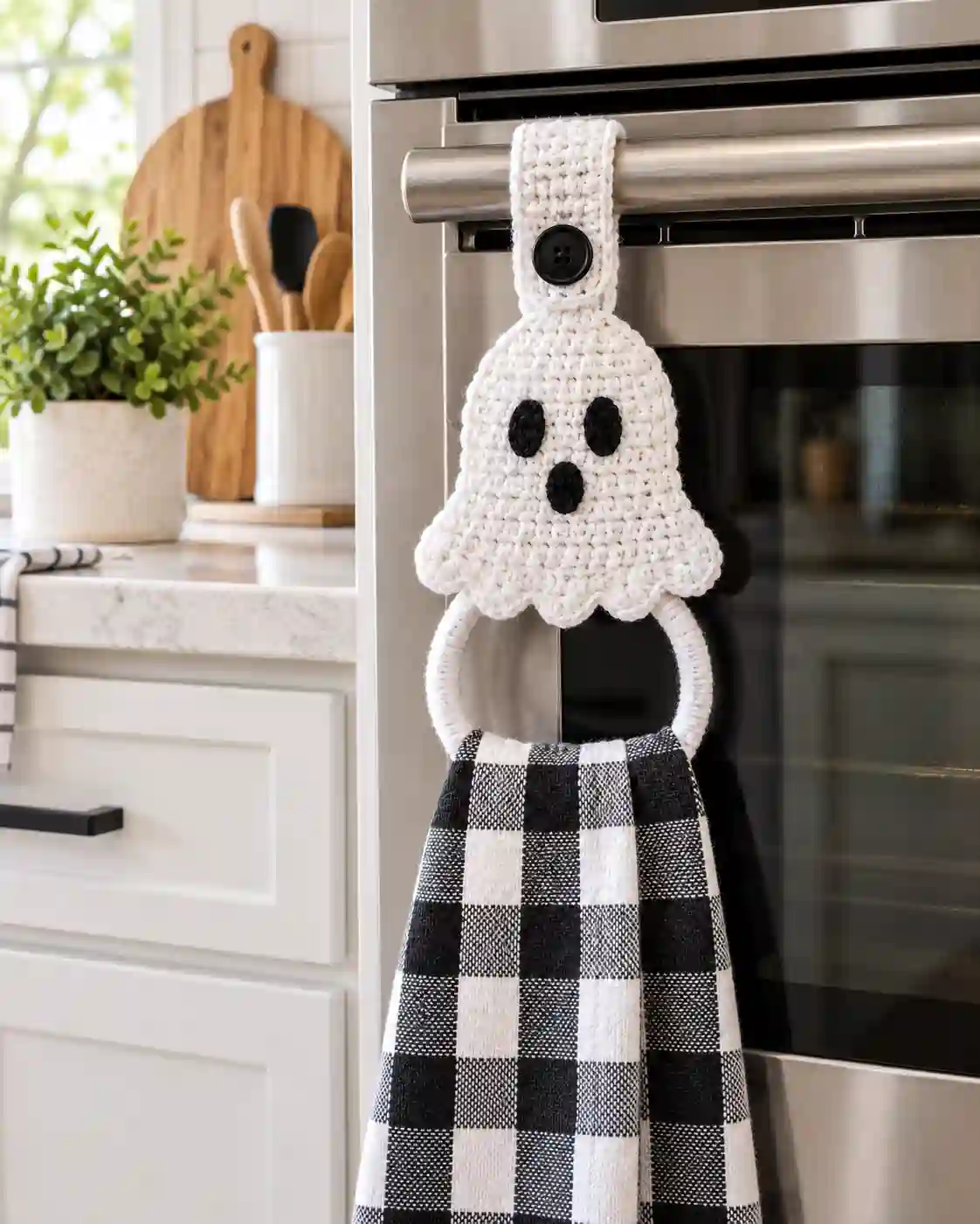 Ghost Kitchen Towel Holder Crochet Pattern: A Cute Halloween Kitchen Project 2 ghost kitchen towel holder flat lay compressed