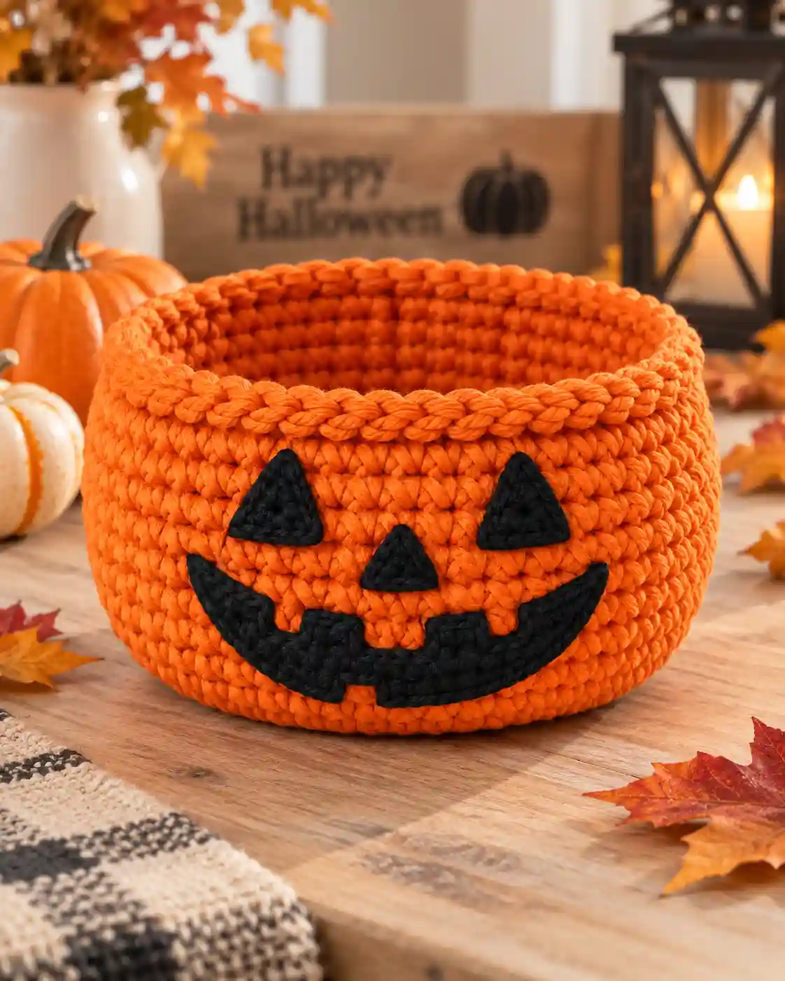jack o lantern crochet basket close up compressed