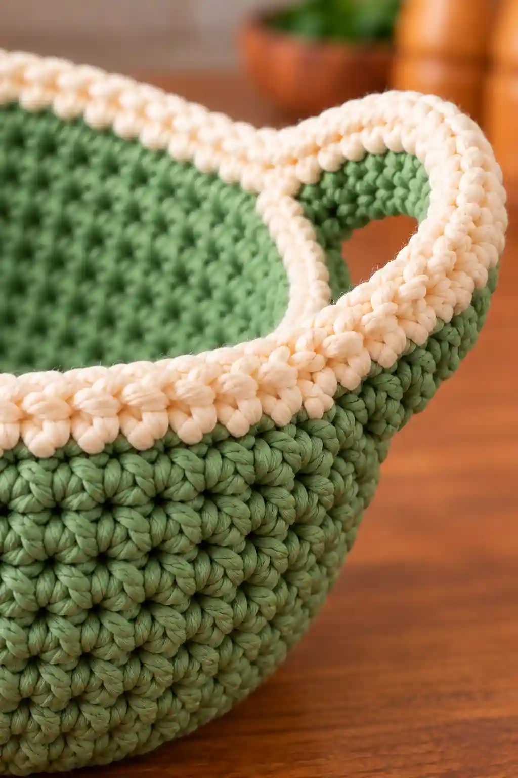 Crochet Bowl Carrier Pattern — A Cozy and Practical Kitchen Project 3 Close-up of a crochet bowl carrier handle and cotton stitch texture
