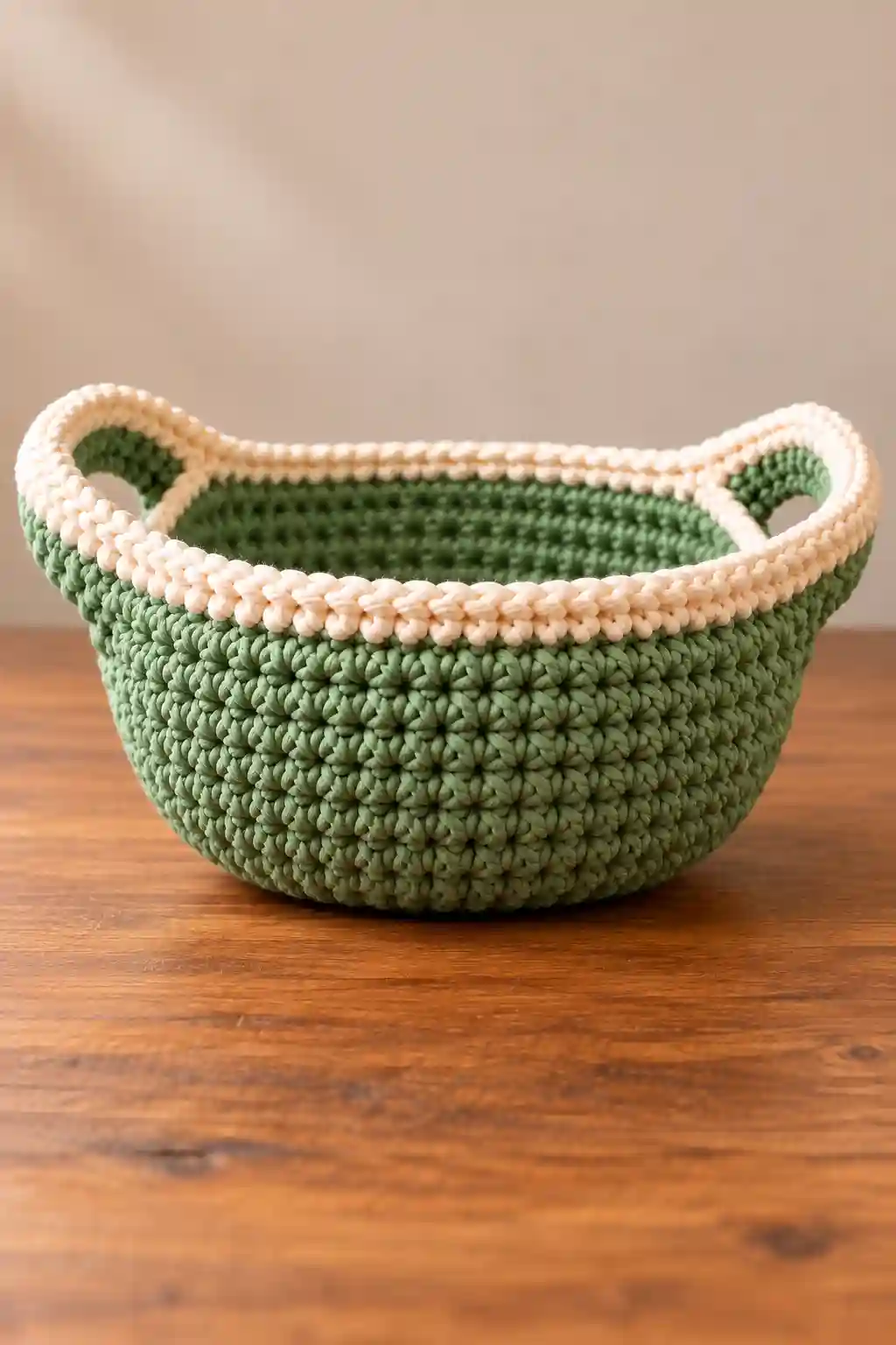Crochet Bowl Carrier Pattern — A Cozy and Practical Kitchen Project 4 Sage green crochet bowl carrier with cream trim and integrated handles