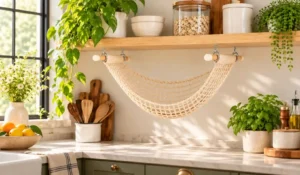 Crochet Fruit Hammock Pattern PDF: Under-Shelf Kitchen Storage 2 Crochet fruit hammock pattern displayed beneath a wooden kitchen shelf