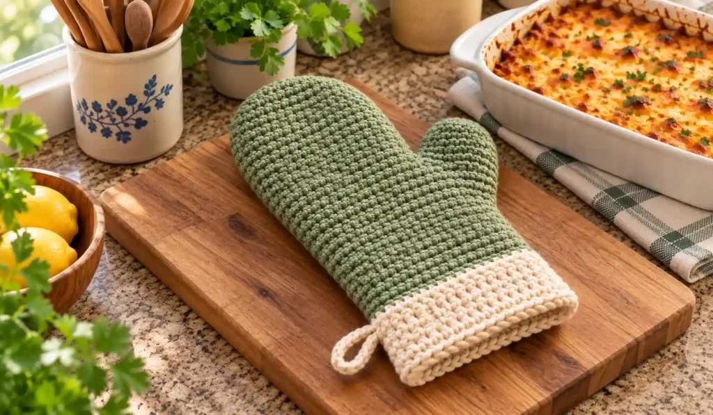 Sage green and cream crochet oven mitt pattern on a wooden cutting board