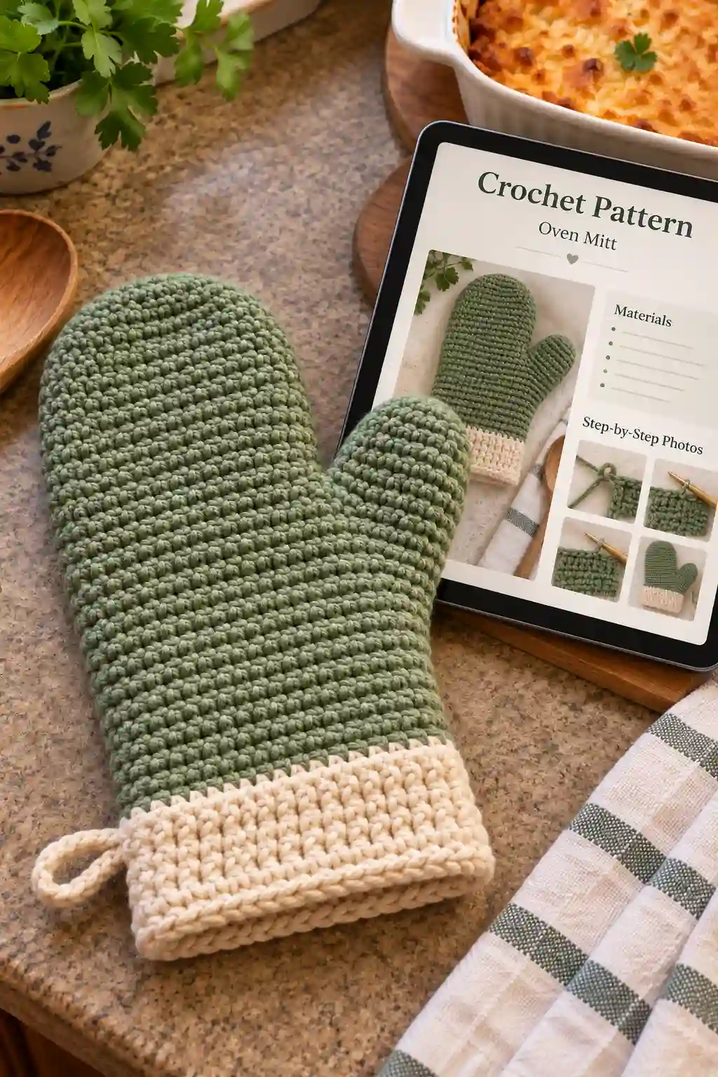 Crochet Oven Mitt Pattern PDF – A Cozy Handmade Kitchen Project 3 Crochet oven mitt PDF pattern preview on a tablet