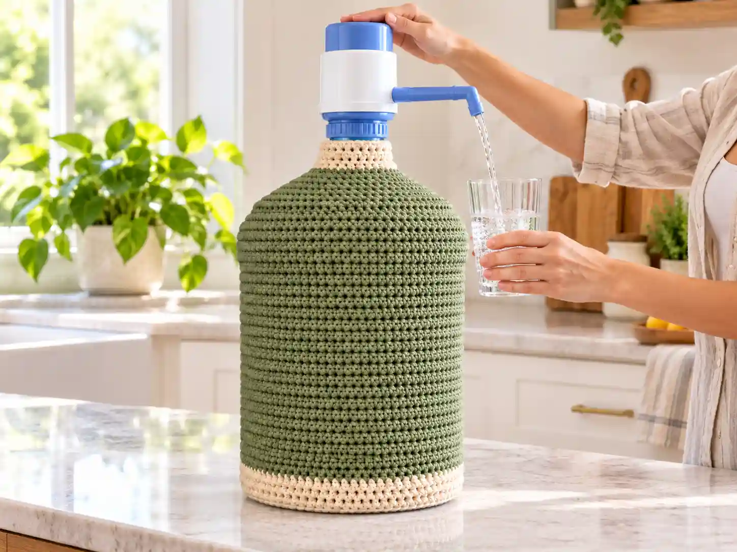 A water dispenser with a sage crochet cover and pump being used to fill a glass.