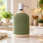 Sage green and ecru crochet cover on a water dispenser with a countertop pump in a bright kitchen.