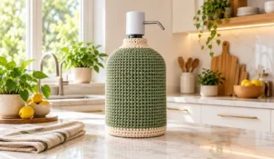 Crochet 5 Gallon Water Jug Cover Pattern – PDF Download 1 Sage green and ecru crochet cover on a water dispenser with a countertop pump in a bright kitchen.