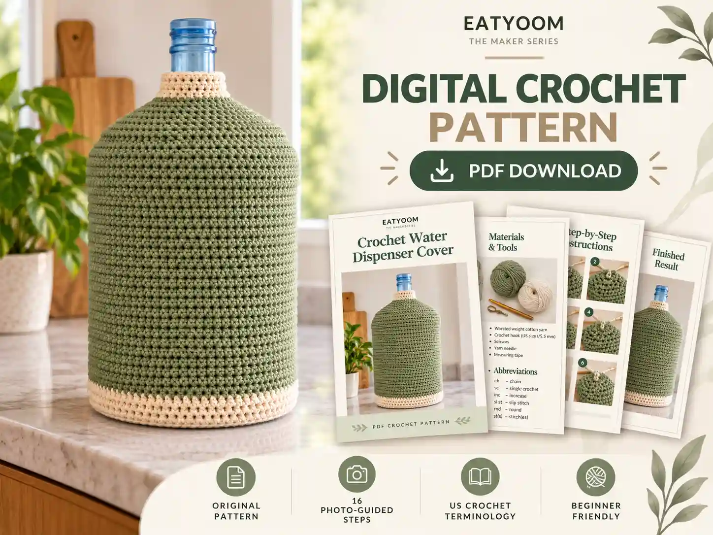 Digital crochet pattern preview with the sage and ecru water jug cover, PDF pages, and photo-guided project stages.