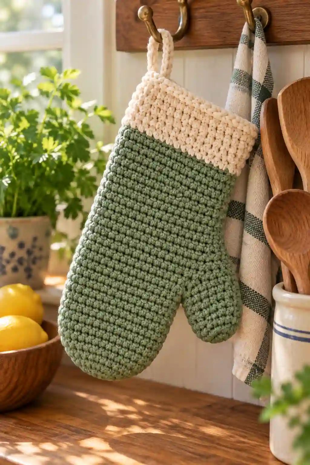 Crochet Oven Mitt Pattern PDF – A Cozy Handmade Kitchen Project 2 Sage green and cream crochet oven mitt hanging in a cozy kitchen